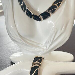 Vintage Sterling Silver Black Onyx Inlay Hinged Modern Necklace & Bracelet
